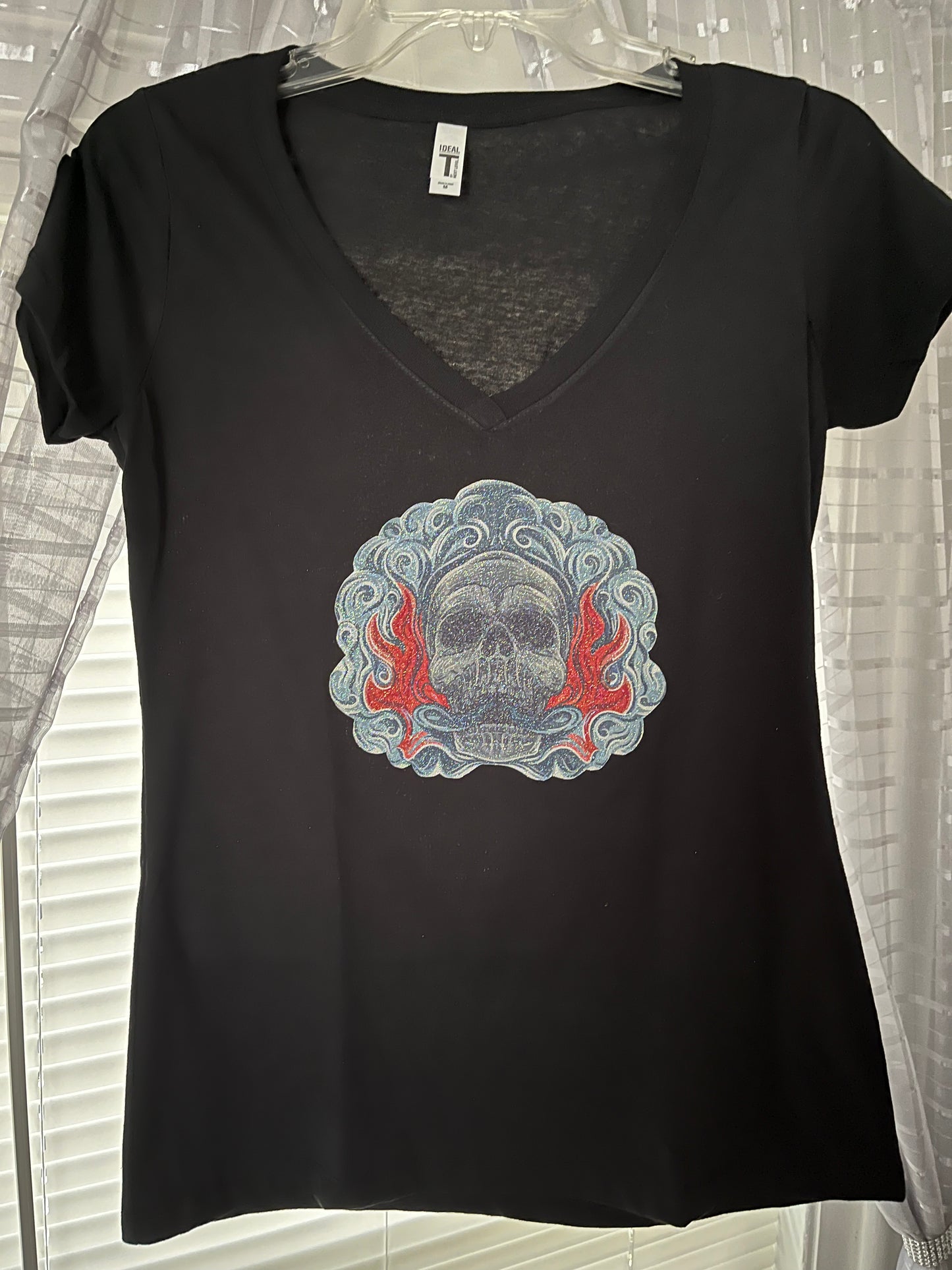 Women’s Skull & Flames V-neck T-Shirt